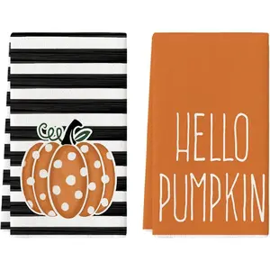 Orange Polka Dot Stripes Hello Pumpkin Fall Kitchen Towels Dish Towels, 18x26 Inch Farmhouse Decoration Hand Towels Set of 2