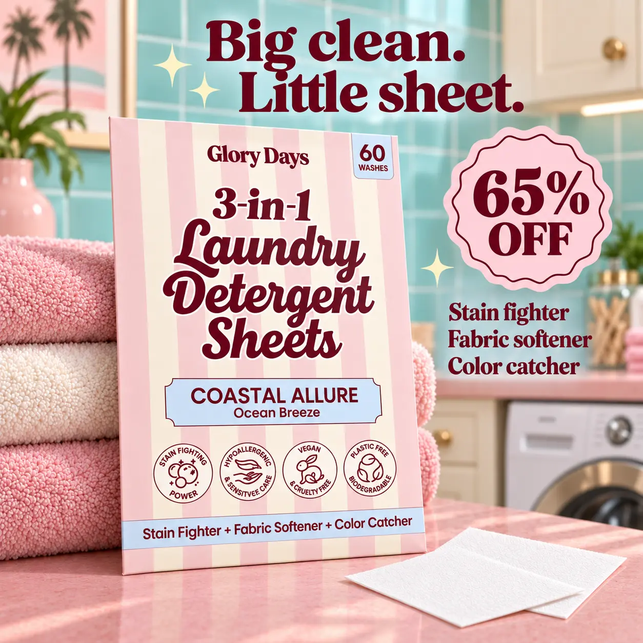 Glory Days 3-in-1 Eco Laundry Detergent Sheets - Portable, Scented (Violet Hour & Ocean Breeze), Low-Tox, Mess-Free, Hypoallergenic for Sensitive Skin, Cleans, Softens, Brightens, Color-Protecting, Plastic-Free (60 Sheets),Scented Laundry,Washdetergent