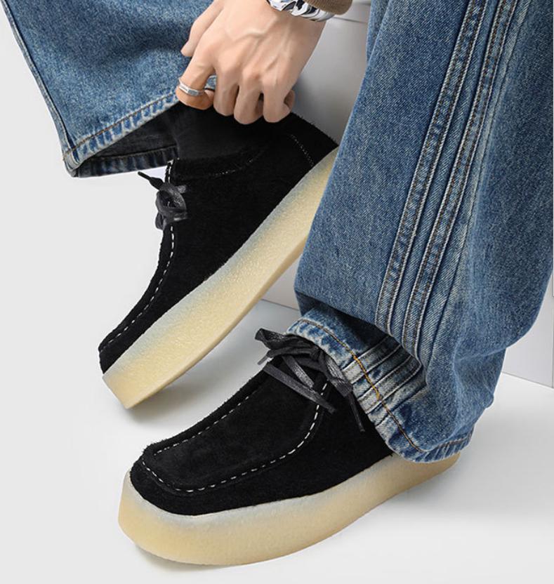Men's Platform Moccasins Suede Black Height Increase Cream Sole Casual Shoes