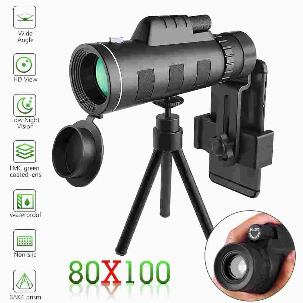 Unisex 80x100 BAK4 Spotting Scope Telescope, HD Waterproof Monocular Outdoor Gear with Aluminum Tripod, Smartphone Adapter, Weatherproof Carry Case for Hiking, View Birds, Low Night Vision