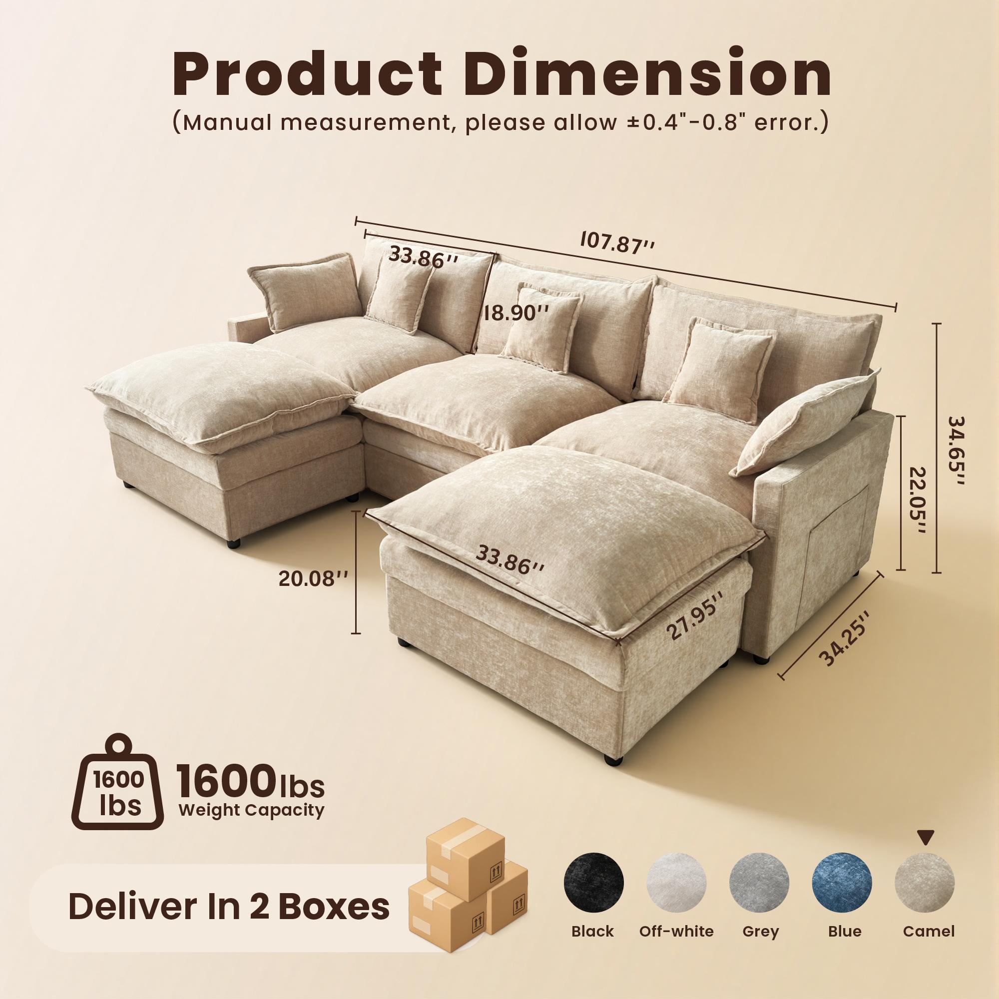 【2 Packages Shipping】OVIOS 108" U-Shaped Modern Sofa Modular Sectional Cloud Couch with 2 Ottoman, Comfy Chenille Deep Seat Sofa Bed for Living Room, Bedroom and Apartment, 5 Pillows Included
