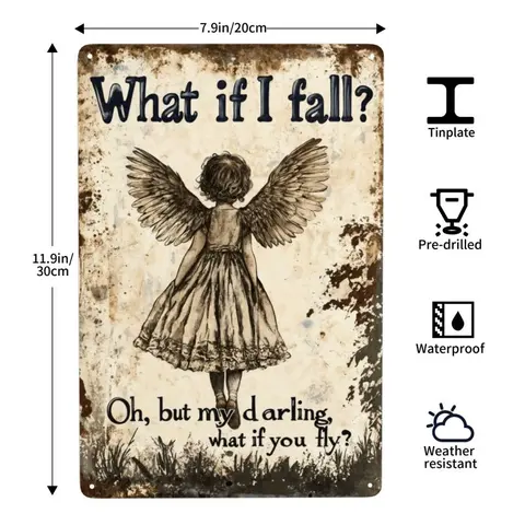 Vintage Metal Wall Art Sign Angel Design & Inspirational Quote, Rustic Distressed Finish, Pre-Drilled Holes for Easy Hanging, 8x12Inch, Durable Indoor/Outdoor Decor for Home, Office, Garden, Street, Angelic Artwork