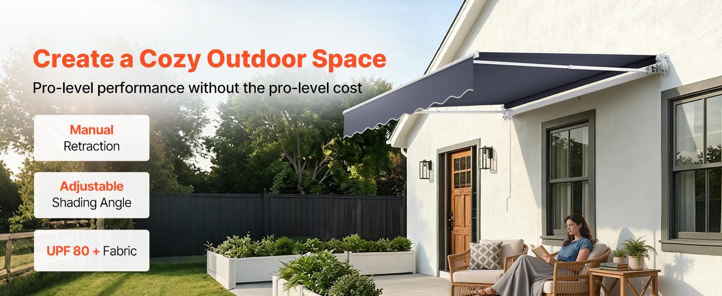 VEVOR Manual Retractable Awning, 9.8' x 8.2' Outdoor Patio Awning Retractable Sun Shade, Patio Door Window Water-Resistant Polyester Sunshade Shelter with Crank Handle for Deck, Balcony, Yard, Gray