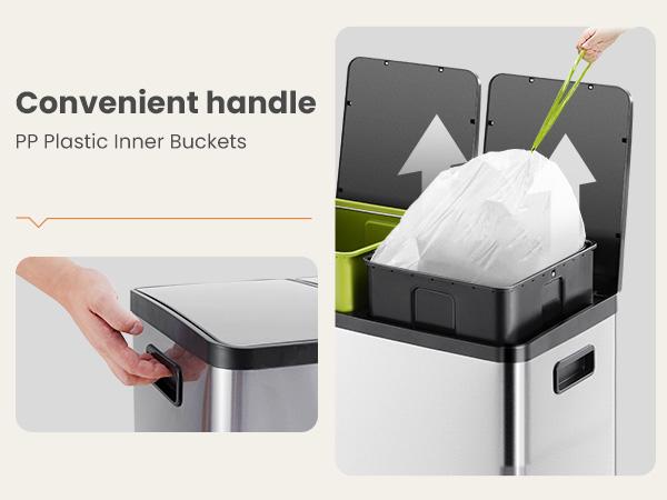 Dual Compartment 16 Gallon Stainless Steel Kitchen Trash Can with Lid and Step Pedals,Fingerprint Proof Garbage Bin for Home and Office