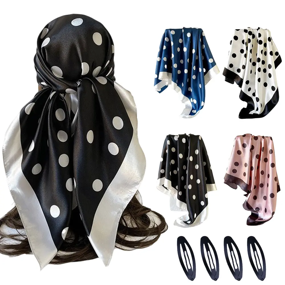 4 Pcs Polka Dot Satin Silk-like Head Scarves with 4 Hair Clips Set,35" Large Square Hair Wrap & Neck Scarf for Women,Beach,Vacation & Styling,Halloween Christmas Party Gifts,Hand Tools Kits