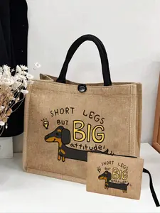 Dachshund Dog Letter Handbag,Dachshund Dog Decor Shoulder Bag,Dachshund Dog Print Linen Tote Bag,Book Tote Bag,Stylish Tote Bag,Casual Shoulder Bag Retro Style Bag With Double HandleBag,Patterned Bag,For Graduate,Teen Girls,Outdoors