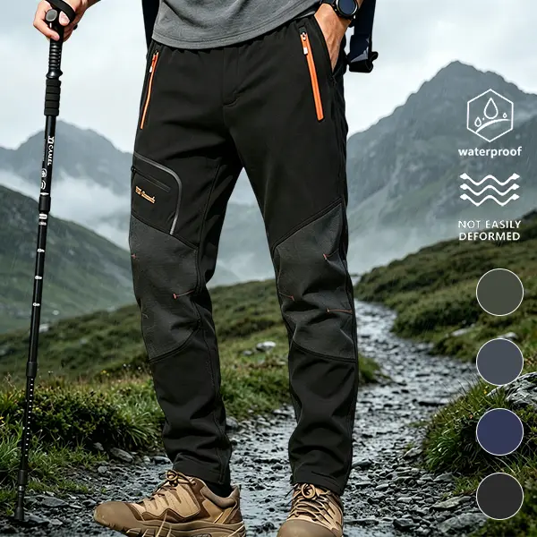 Men’s four-color outdoor shell pants—waterproof, windproof, fleece-lined for warmth, multi-pocket softshell hiking long pants; available in four colors, fleece-lined for warmth, multi-pocket outdoor hiking long pants.