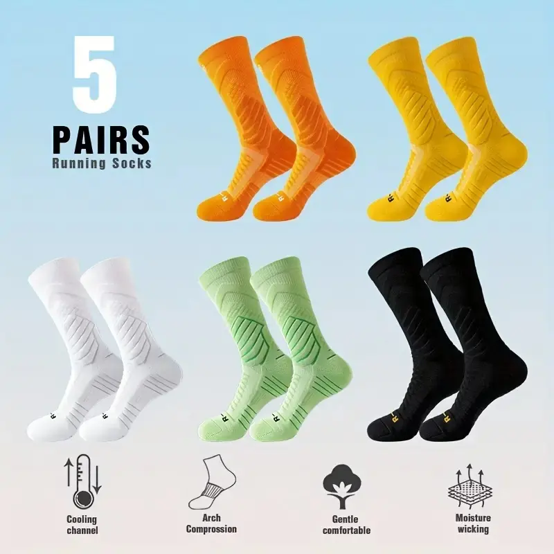 Men's Cotton Crewsocks (5-Pair, Size 9-12) - Cushioned Sports Socks with Breathable Design, Arch Support, Moisture-Wicking, Anti-Slip, Shock Absorption for Basketball, Running