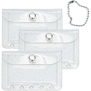 3PCS A8 Binder Pockets 5 Holes Clear Glitter Binder Pouches Snap Closure Clear Coin Change Purse Card Holder Keychain Pouch Organizer