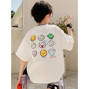 1pc Boys' Trendy Summer T-Shirt - White Casual Loose Fit with Fun Cartoon Emoticon Print, Short Sleeve Round Neck Tee for Youngsters and Teens, Machine Washable, Summer Youth Tee |         Fun Emoticon Design |         Casual White Tee, Shirts for Summer