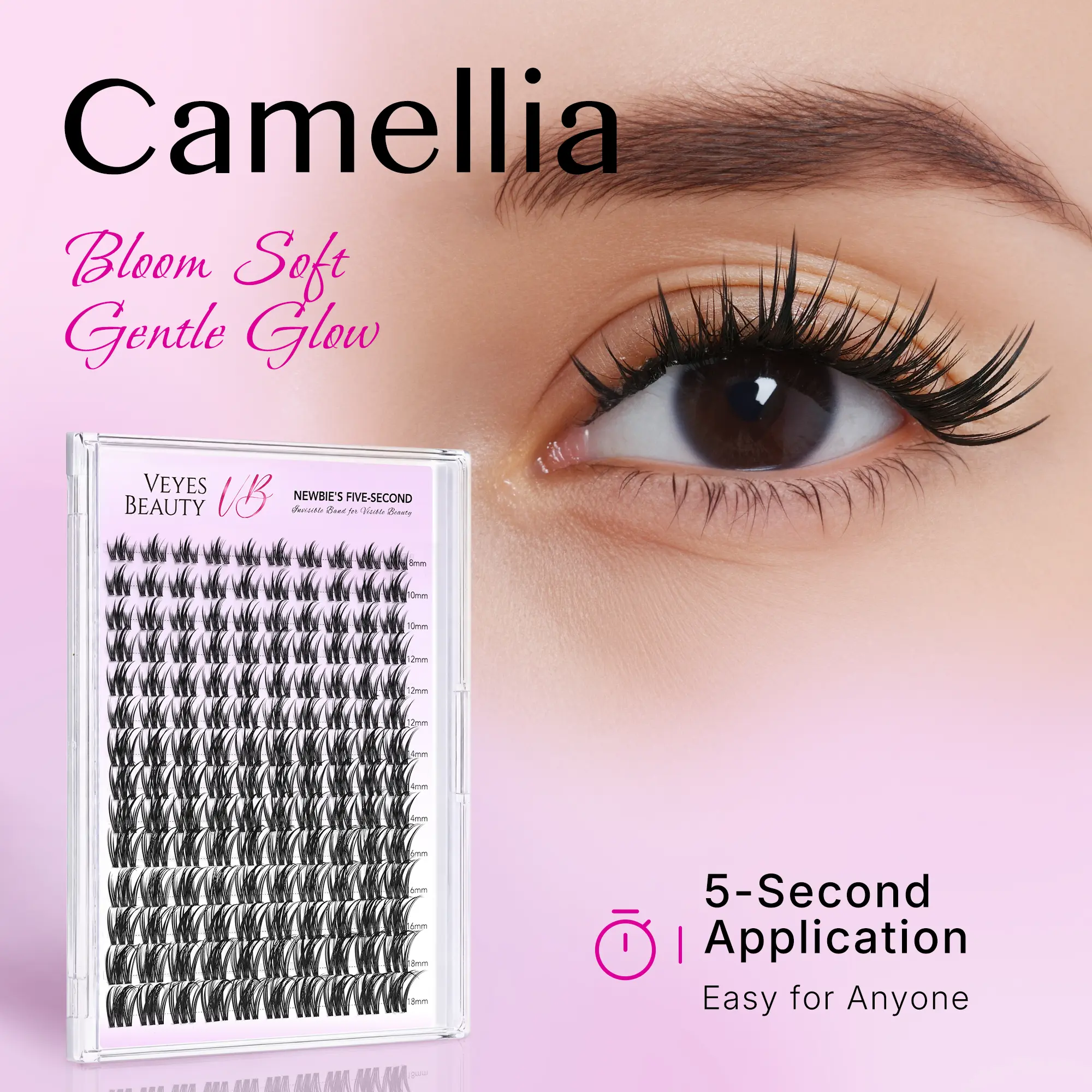 VEYESBEAUTY VB-Camellia Cluster Lashes Individual Lash Extensions Layered Eyelashes Wispy Faux Mink Lash Newbie's Five-Second DIY Mixed Length for Self Application Makeup at Home Cosmetic Eyelashes Extensions