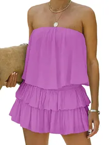 Imily Bela Women Off The Shoulder Romper Flowy Strapless Smocked Jumpsuit Playsuits Dress Casual Summer