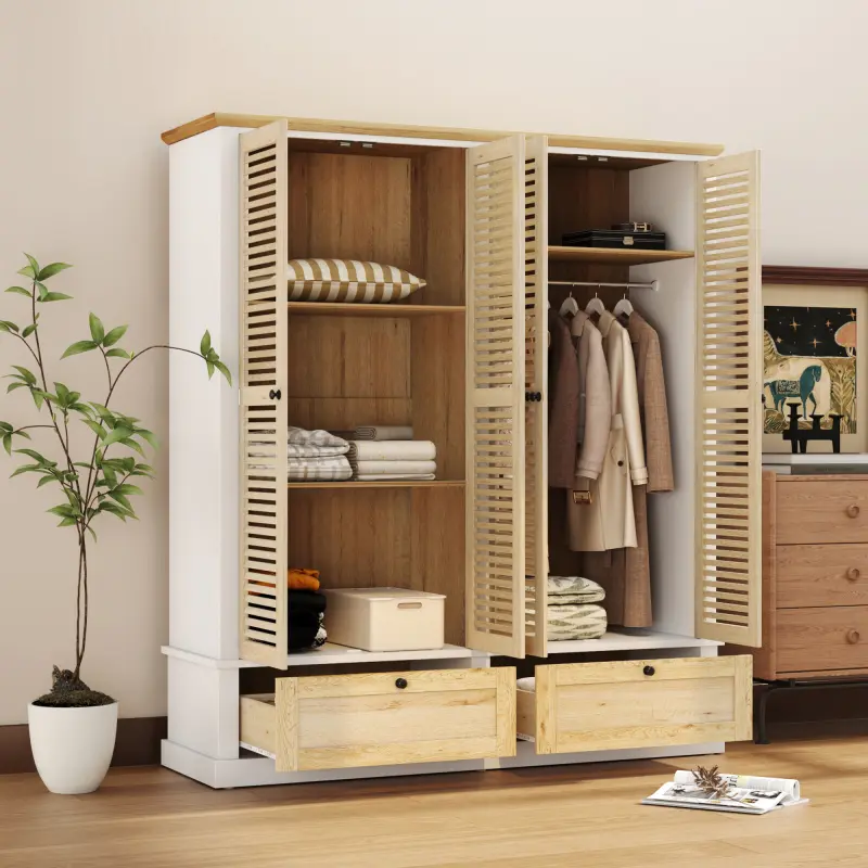 4 Shutter Door Wardrobe Armoire Closet with 2 Drawers Natural+White