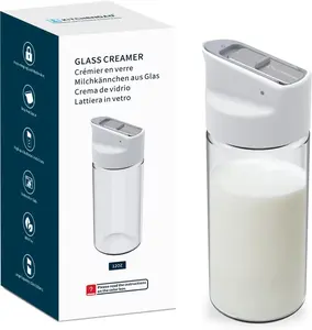KITCHENDAO Glass Creamer with Fresh-Keeping Lock Mechanism, Drip-free Spout, 12 oz Milk Pitcher with Lid, Borosilicate Glass Creamer Container, Dishwasher Safe