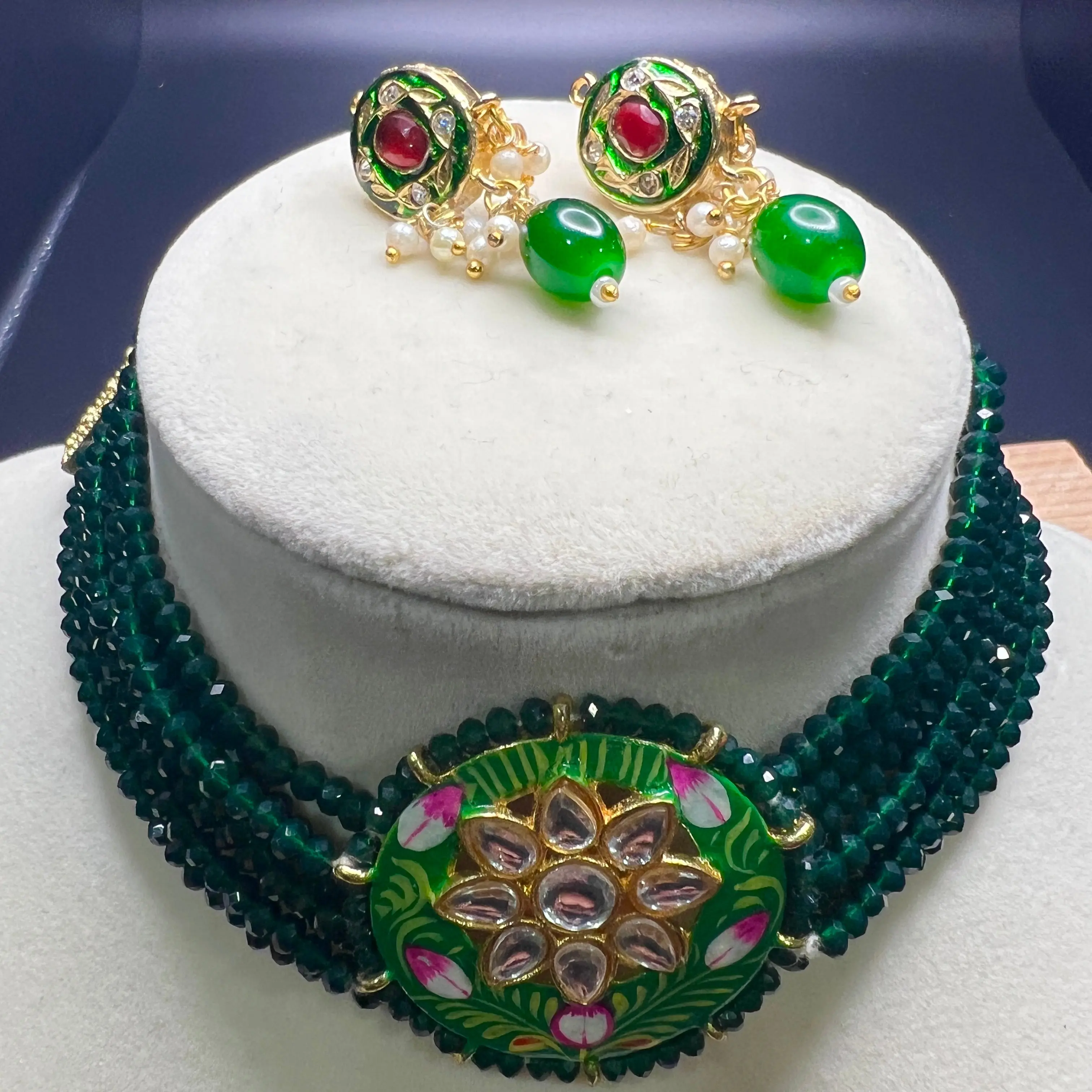 Green Meenakari Kundan Choker Necklace Set – Handmade Beaded Jewelry for Weddings, Festivals & Parties