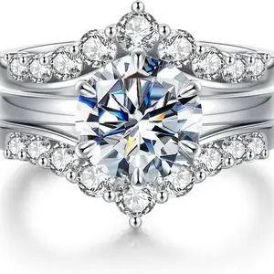 GRA Certified Moissanite Bridal Set 3CT Round Cut D VVS1 6-Prong Stackable silver Rings Wedding Engagement Jewelry for Women queen ring