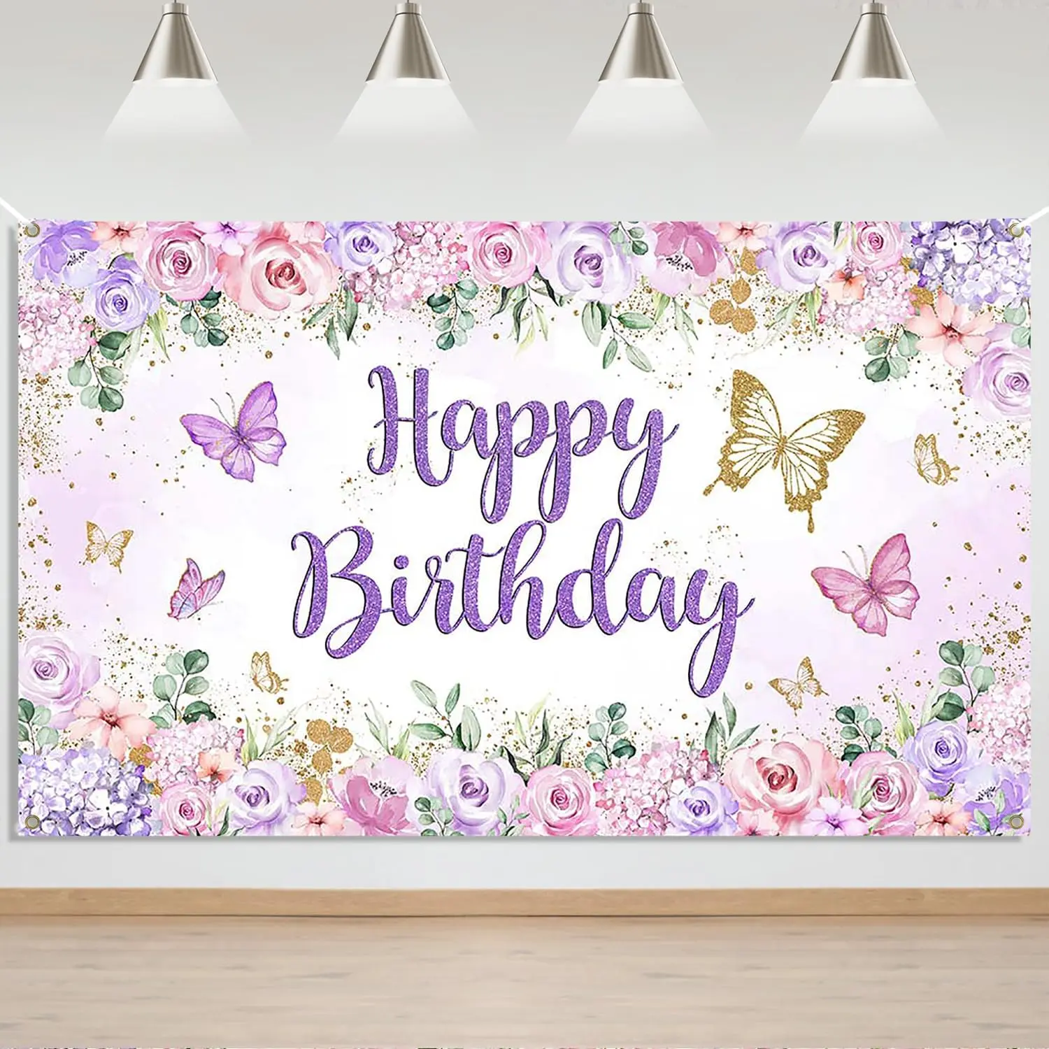 Butterfly Birthday Banner -  Happy Birthday Girl Party Backdrop, Butterfly Birthday Decorations (70.8" L x 43.3" W)