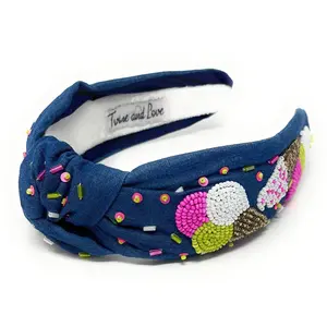 Hand Beaded Ice Cream Denim Knot Headband