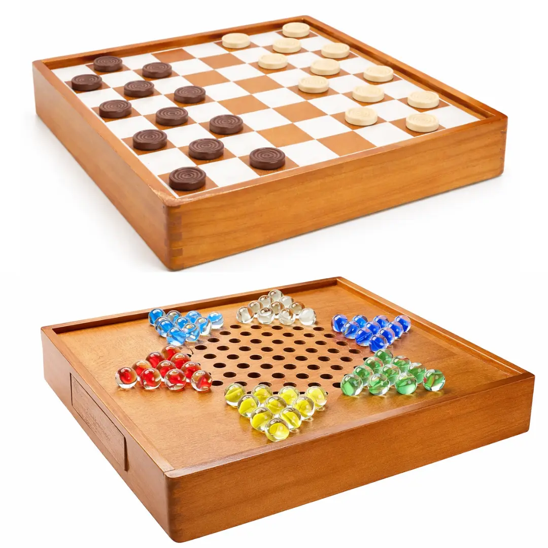 2 in 1 Chinese Checkers Board Game and Checkers 12” Golden Wooden Board with Storage Drawer & 60 Colorful Glass Marbles, Damas Chinas Juego de Mesa, Deluxe Checkers and Chinese Checkers Game Set