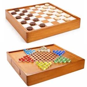 2 in 1 Chinese Checkers Board Game and Checkers 12” Golden Wooden Board with Storage Drawer & 60 Colorful Glass Marbles, Damas Chinas Juego de Mesa, Deluxe Checkers and Chinese Checkers Game Set