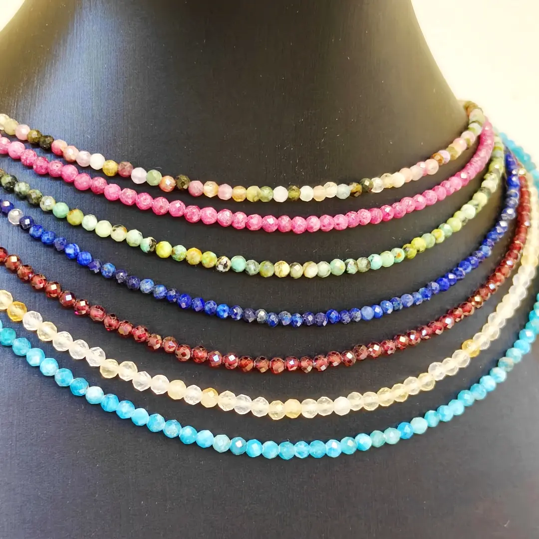 Faceted Sparkling Gemstone Necklace – 3mm Natural Beads, Adjustable 17”+2”, Perfect for Layering