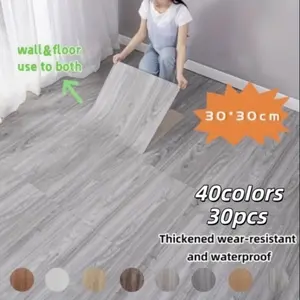 30 Pieces Self-Adhesive Wall & Floor Tiles, Easy Peel & Stick Install, Wood Marble Pattern with Aluminum Foil, 11.81x11.81 Inches, Living Room Bedroom Office, Wood Flooring Tiles