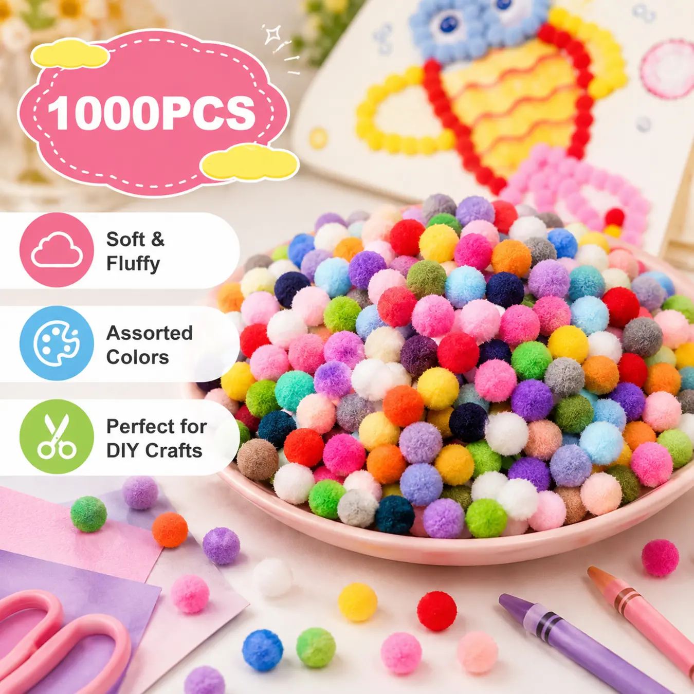 1000Pcs Small Poms Craft Assorted Mini Pompoms, Multicolor, Polyester, Plush Balls, Soft, Handmade, Fluffy, for DIY Creative Crafts, Decorations, Party Decoration Supplies, Arts Projects, Birthday, Wedding, Engagement, Diy Party Decorations