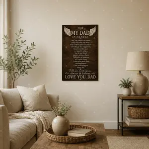 Vintage Angel Wings For My Dad In Heaven Canvas Wall Art, Dad Memorial Remembrance Quote Decor, Sympathy Bereavement Keepsake Poster, Available as Unframed Canvas Poster or Framed Canvas Wrap