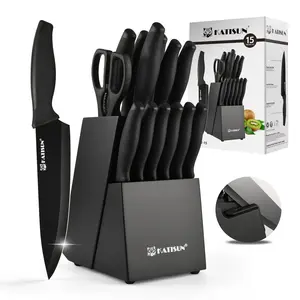 15 Pieces Carbon Steel Kitchen Knife Block Set, Built-in Knife Sharpener, Dishwasher Safe, Ergonomic Non-Slip Handles, 6 Steak Knives,TikTokShopBlackFriday