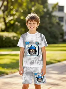 Boys' 3D Short Sleeve Set, Cool Brooklyn Street Style Cartoon Braids, Summer for Outdoor Activities, Perfect Gift for Holidays and Birthdays