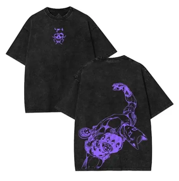 Jojos Bizarre Adventure Killer Queen Anime Vintage Oversized T Shirt Men Women Acid Wash Heavyweight Cotton Streetwear Graphic Tee Aesthetic Grunge Goth Gym Pump Cover Y2K Urban Fashion Gift Anime Fans Retro Washed Black Top JJBA Manga Merch