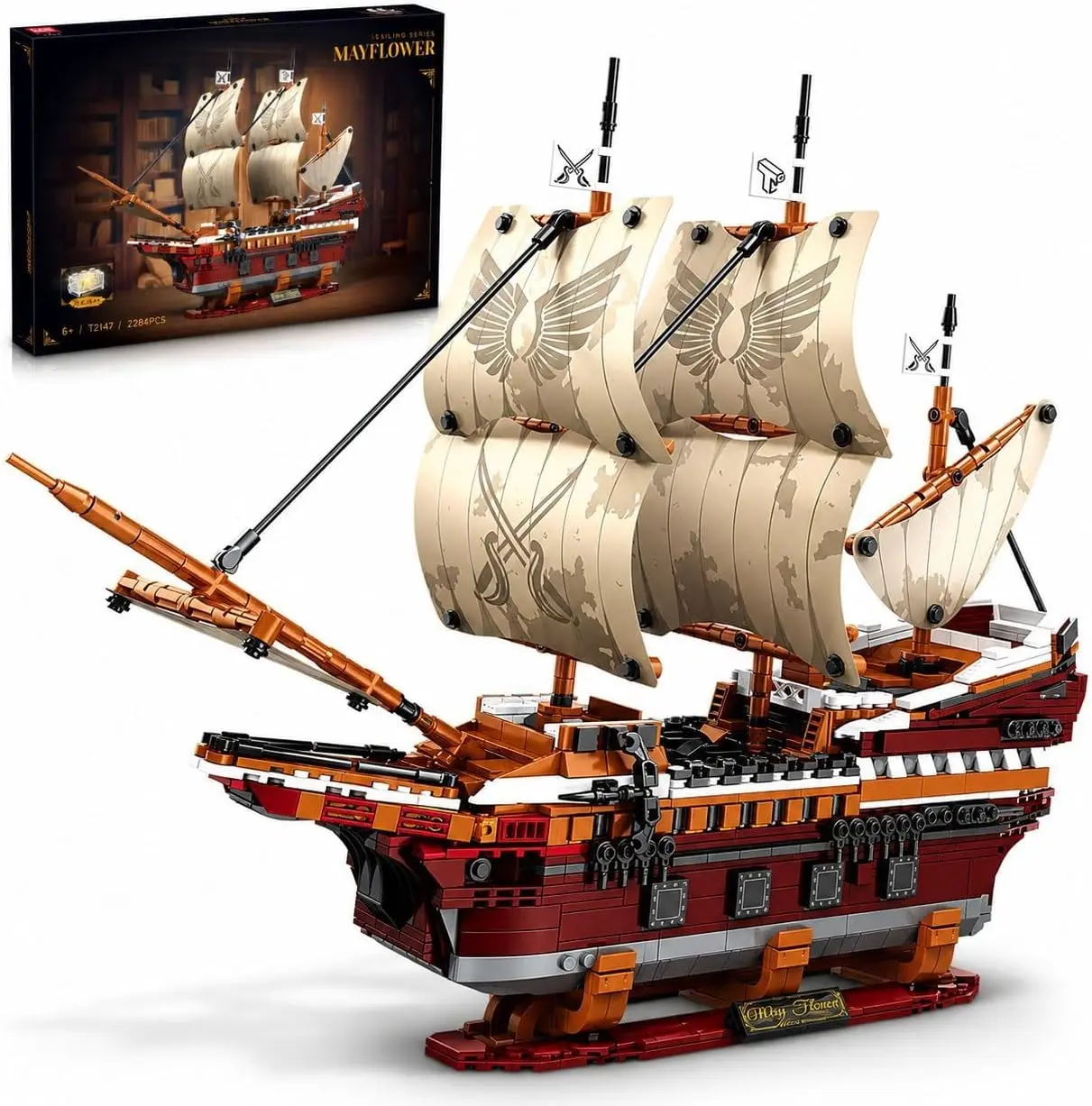 JYRUE Mayflower Pirate Ship Building Kit with Lights, Large 2076PCS DIY Model Boat Compatible with Lego Watercraft, Gift for Adults Ages 12+