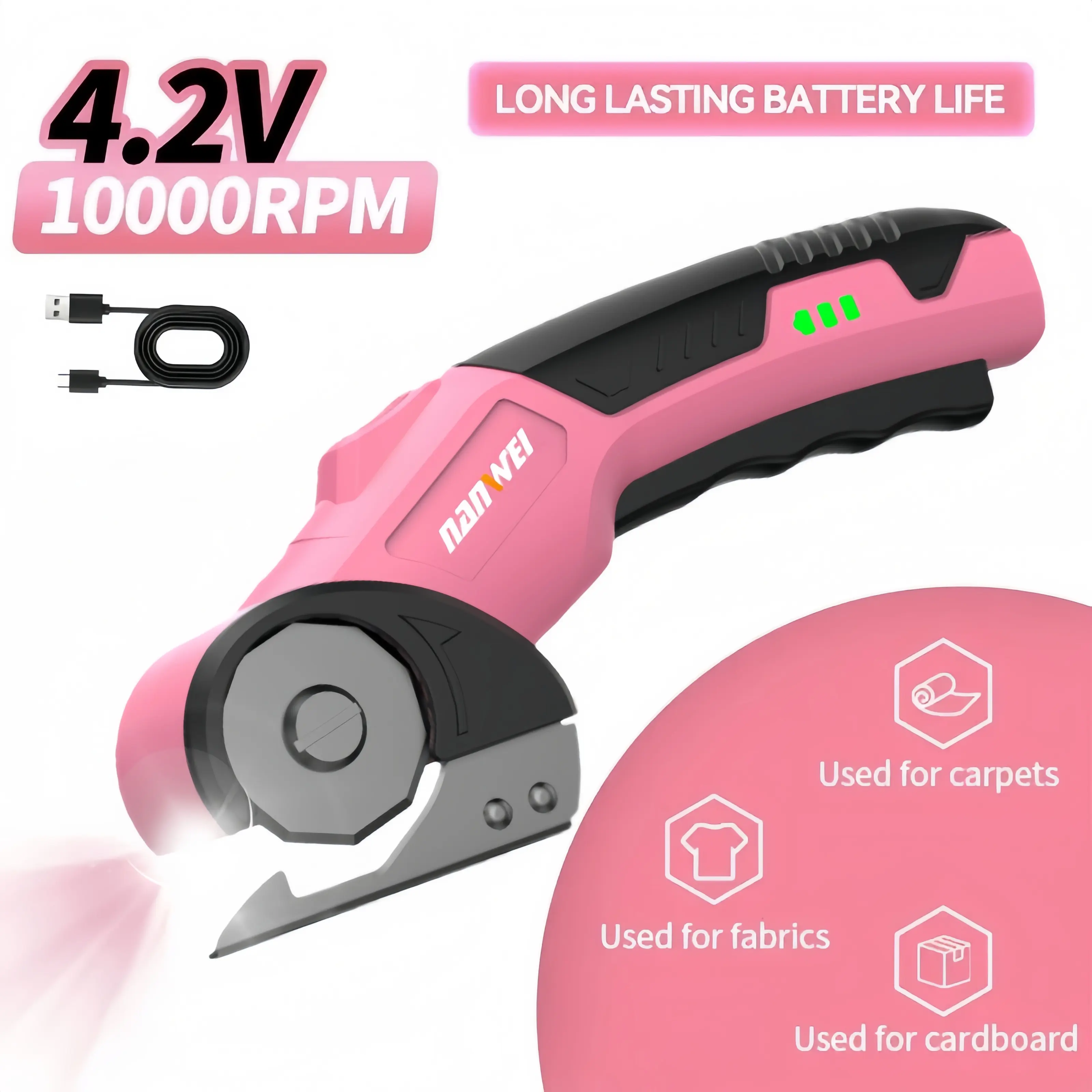 4.2V Cordless Electric Scissors Handheld Rotary Fabric Cutter 10000 RPM Rechargeable Power Shears with LED Light for Crafting, Sewing, Leather, Cardboard & Carpet