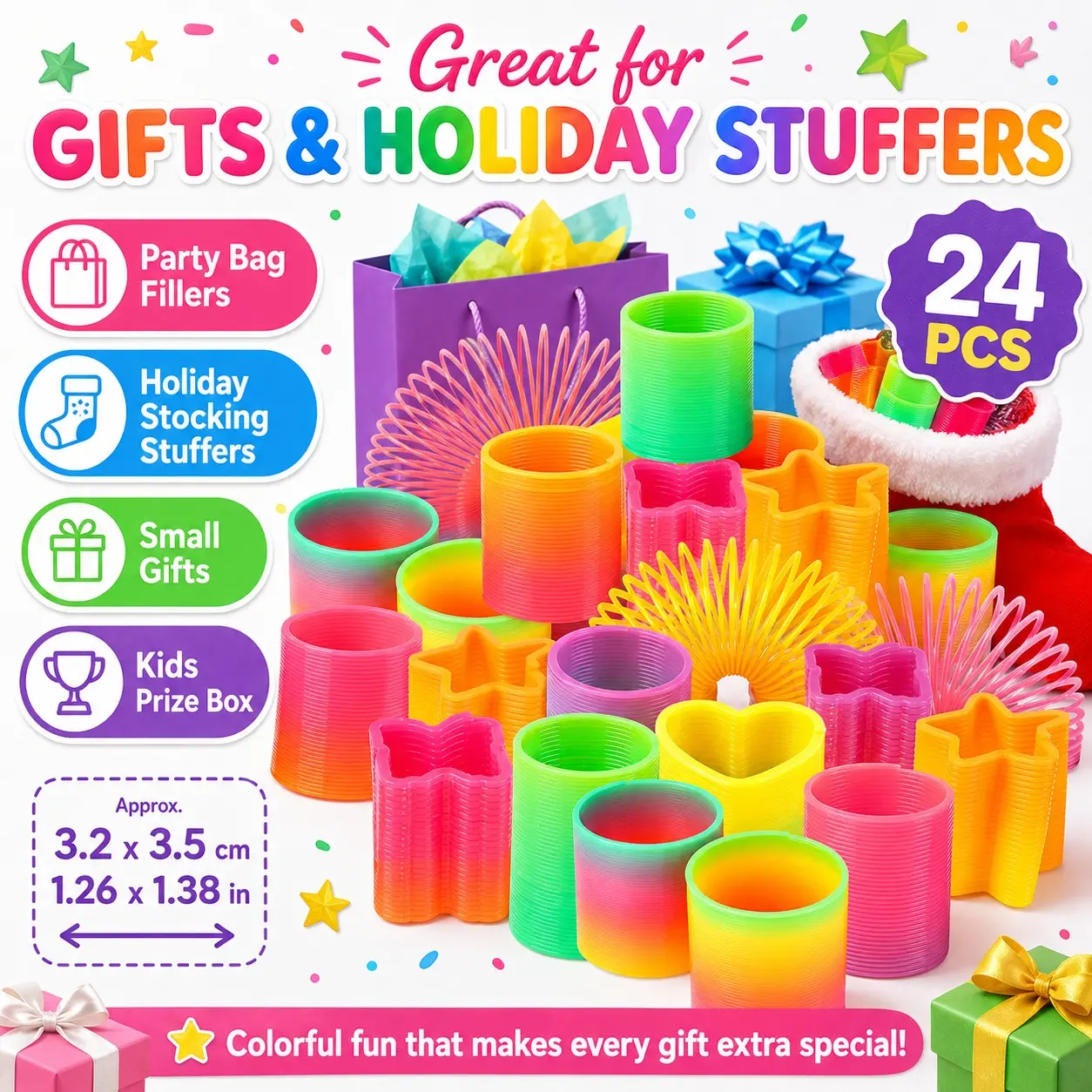 24pcs Mini Rainbow Spring Ring Toy Set, Assorted Shape Slinky-Style Springs, 3.2 x 3.5 cm / 1.26 x 1.38 in, Fun Elastic Fidget Toys, Party Bag Fillers, Goodie Bag Stuffers, Birthday Party Favors, Classroom Prizes, Stocking Stuffers for Kids