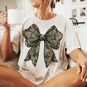 Women's Vintage Retro Camo Bow Sweatshirt - Casual, Cotton-Spandex Long Sleeve Fabric, Old School Camo, Hunting Season Coquette Top