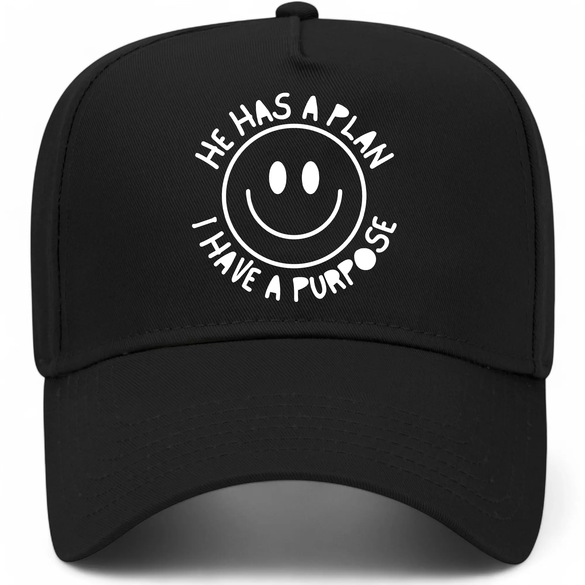 "He Has A Plan I Have A Purpose Text Print Trucker Hat - Polyester Blend Fabric, Adjustable Snap Back, Suitable for Everyday Wear"