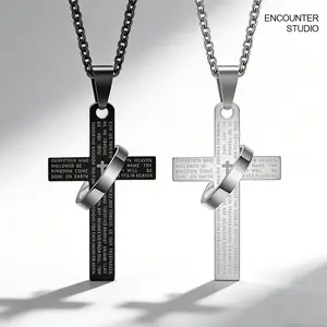 Unisex Retro Stainless steel Cross Necklace Scripture Couple Pendant Ring and Necklace Birthday Gift Christian Religious Jewelry Gift