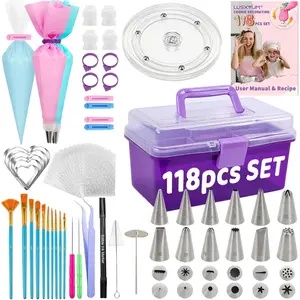 Cookie decorating kit 118pcs with storage case royal sugar piping bags and tips icing supplies set turntable scribe decoration tools for kids cookie holiday christmas valentine