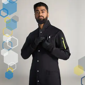 The Louis - Men's Cotton Lab Coat (Black) - Engineer Research Protective Workwear - Knit Cuffs, Metal Snaps, Mad Scientist Costume - Genius Lab Gear