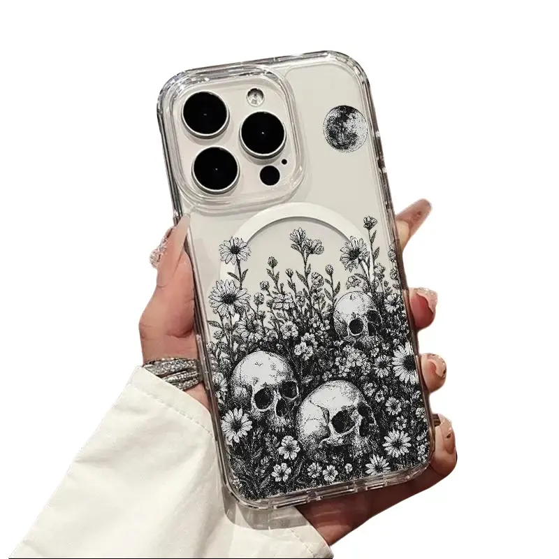 Skulls and Wildflowers Dancing in the Dark Night Transparent Thickened Shockproof Hard Case with Magnetic Ring Supports Wireless Charging for iPhone 17/16/15/14/13/12/52/X/XS/XR/Plus/Pro/Max/air Top Choice for Fresh and Stylish Gifts