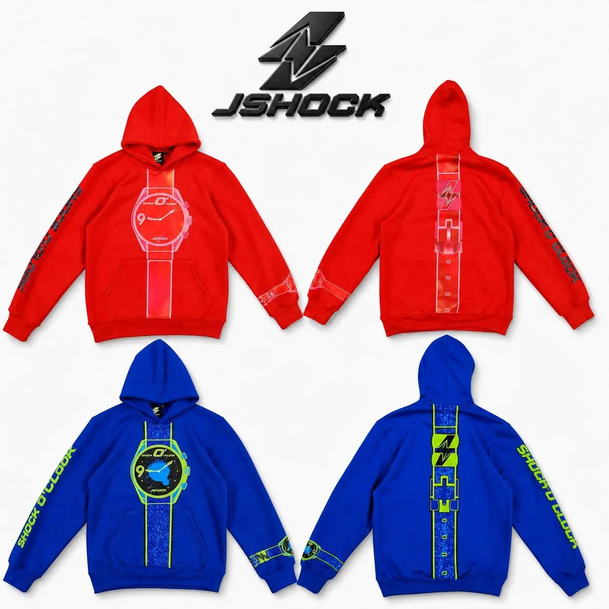 JSHOCK Shock O'Clock Hoodie | Watch Graphic Streetwear | Blue & Red | Men Women Unisex