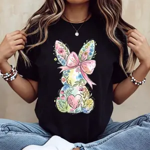 Casual Women's Round Neck Short Sleeve T Shirt with Easter Bunny and Bow Design Featuring Colorful Swirls Perfect for Spring Festival and Holiday Street Fashion