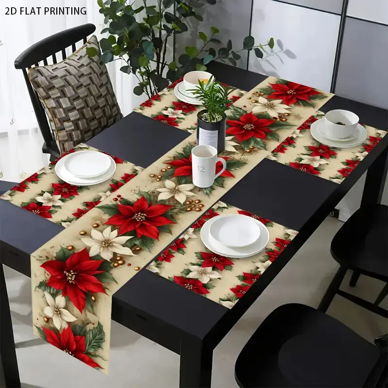 2D flat printing, set of 1 piece/4 pieces/6 pieces/5 pieces/7 pieces, floral poinsettia holiday pattern table flag and Household placemat set, suitable for dining table and kitchen holiday decoration, very suitable for indoor and outdoor family gatherings