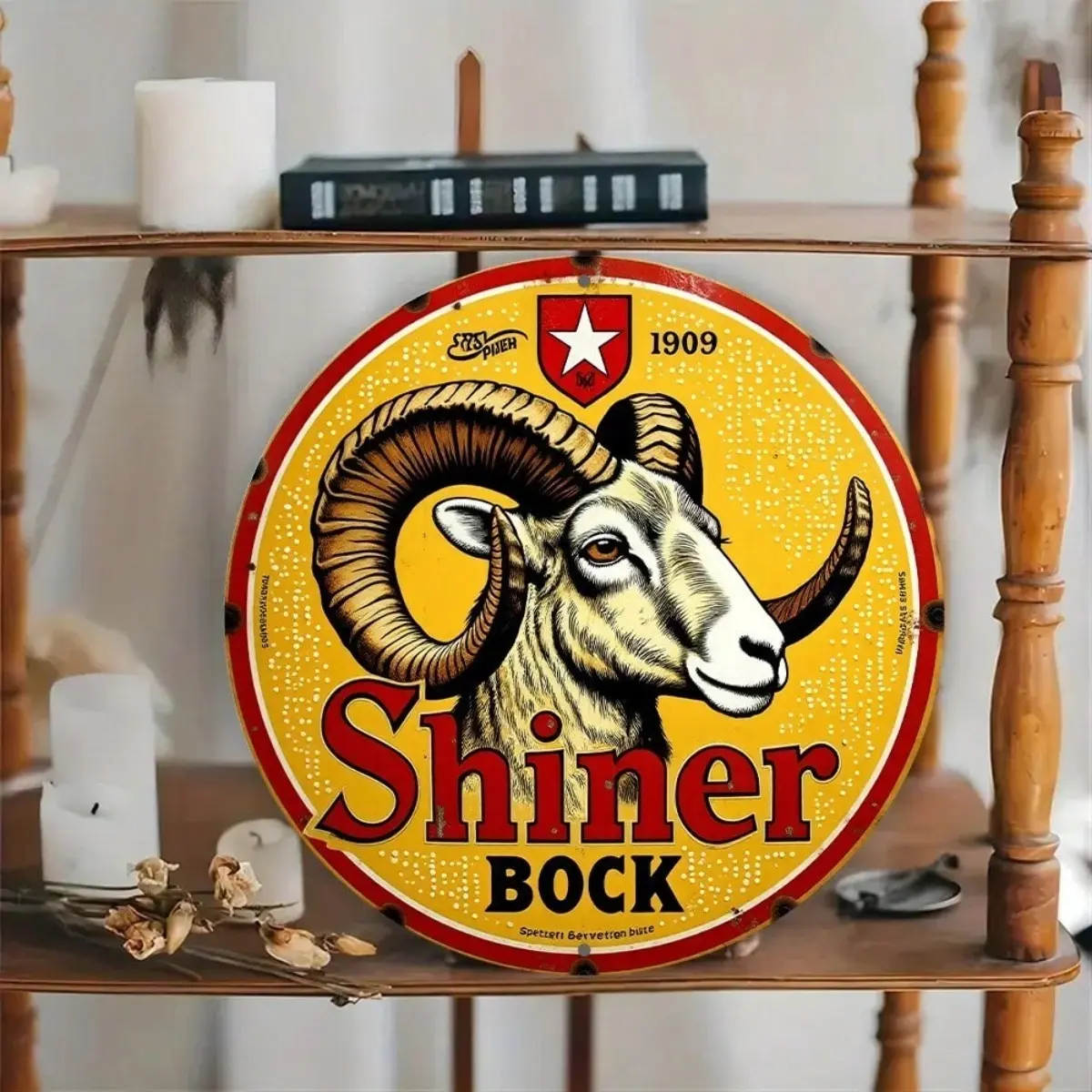 Vintage Metal Decorative Wall Sign Round Shiner Bock Beer with RAM Head Design Rustic Home Decor Bar Man Cave Wall Art 8x8 Inches Tin Sign
