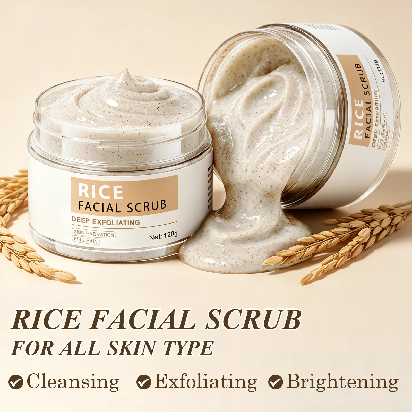 This brightening rice exfoliating scrub contains rice extract and niacinamide to brighten skin tone, gently exfoliate, and control oil production. It also contains niacinamide and hyaluronic acid.