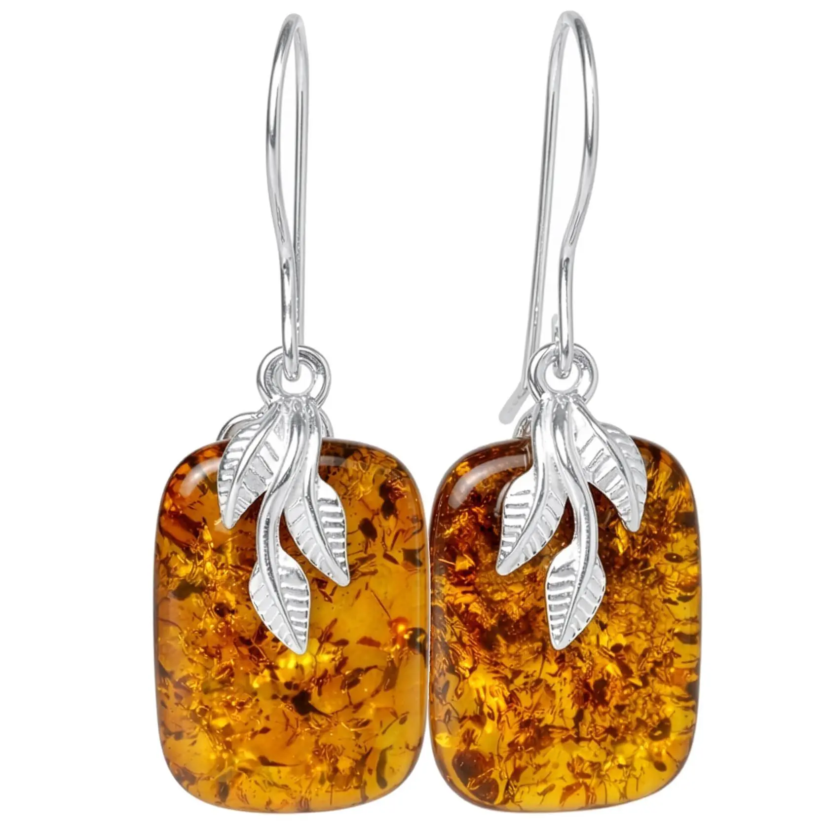 Genuine Baltic Honey Amber Fern Drop Earrings in 925 Sterling Silver – Rectangle Dangle Earrings for Women, Botanical Leaf Design, French Hook, Includes Certificate & Velvet Pouch