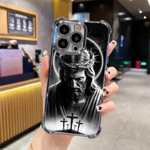 Jesus Clear Protective Four Comers Air Cushion Anti-drop CellPhone Case Clear BracketPhone Case for iPhone 16 15 14 13 12 Pro Max 15 14 Plus Four Corners Cases #IPYS7
