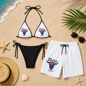 Coors Banquet Rodeo Matching Couple Swimwear Set – Triangle String Bikini for Women & Men's Quick Dry Beach Shorts, Western Cowboy Beach Outfit, Summer Vacation Swimwear