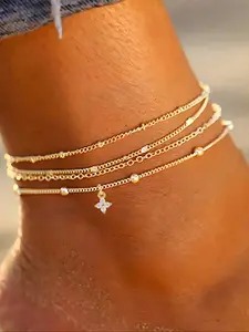 Women's Foot Jewelry Set, Classic Copper Bead Anklet with Four-Leaf Clover Pendant, Casual All-Seasons Design, Random Chain Beads Count, Trendy Jewellery Accessories