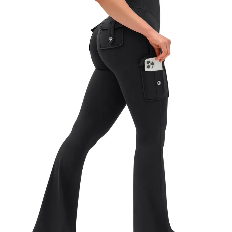 Women's High Waist Tummy Control Seamless Scrunch Workout Leggings - Stretchy Soft, Flare Leg, Pockets, Nylon Blend, Camel-Toe Free, Flattering Cut, Seamless Fitness Leggings, Running Yoga Pants, Gym Athleisure Activewear